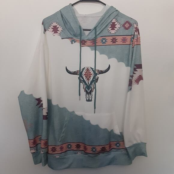 Aztec SouthWestern Lightweight Hoodie Mens M White Cow Skull Western - Picture 1 of 7